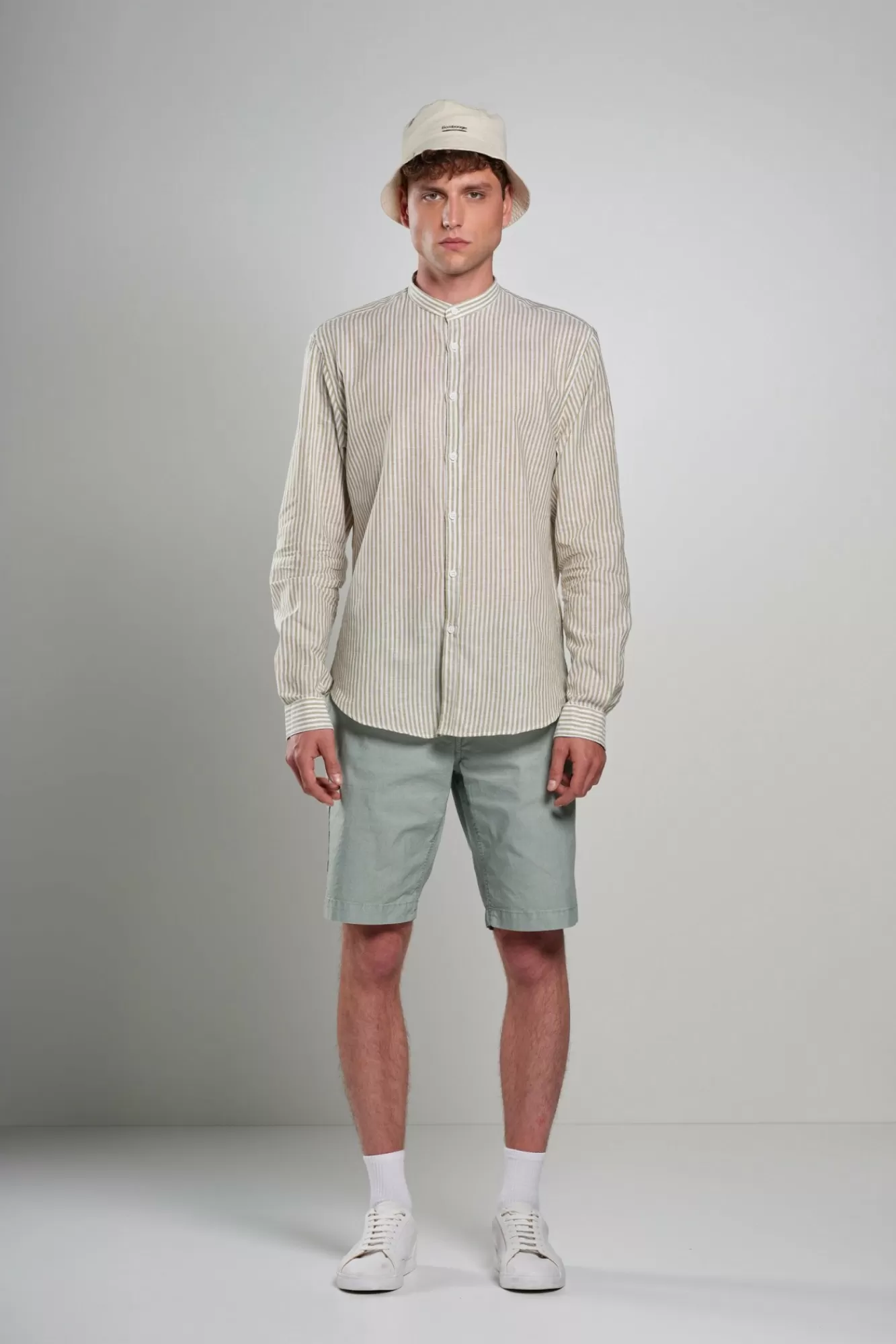 Camicia In Lino/Cotone A Righe Con Collo Alla Coreana>Bomboogie Best Sale